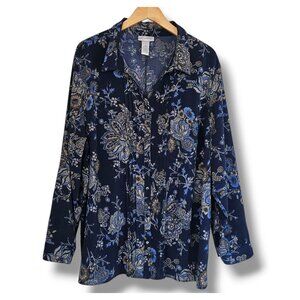 Catherines Womens Button-Up Top Size 2X 22/24W Navy Blue Floral Pin Tuck Pleats